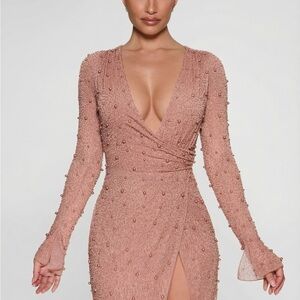 Oh Polly Chelsea Embellished Wrap Over A-Line Mini Dress in Beige